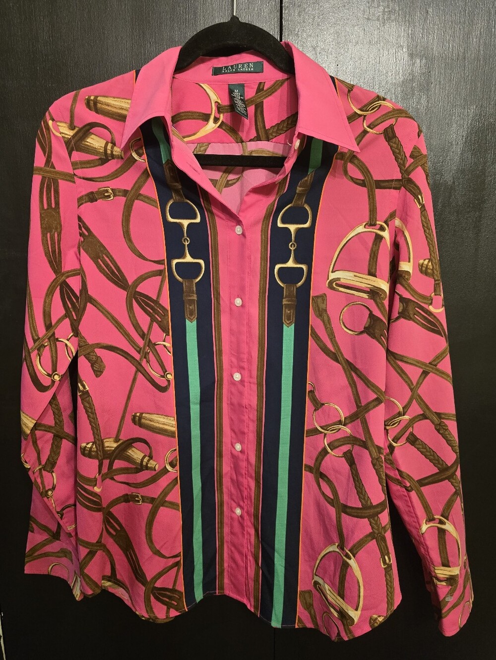 Lauren Ralph Lauren Pink Equestrian-Print Button Down Shirt Size Medium - Picture 2 of 4